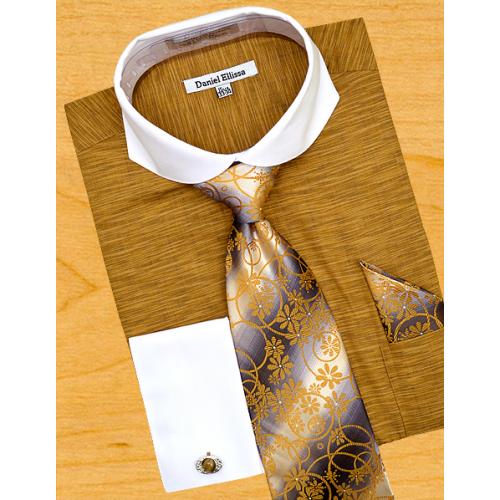 Daniel Ellissa Mustard Self Design With Spread Collar Shirt / Tie / Hanky Set With Free Cufflinks DS3759P2